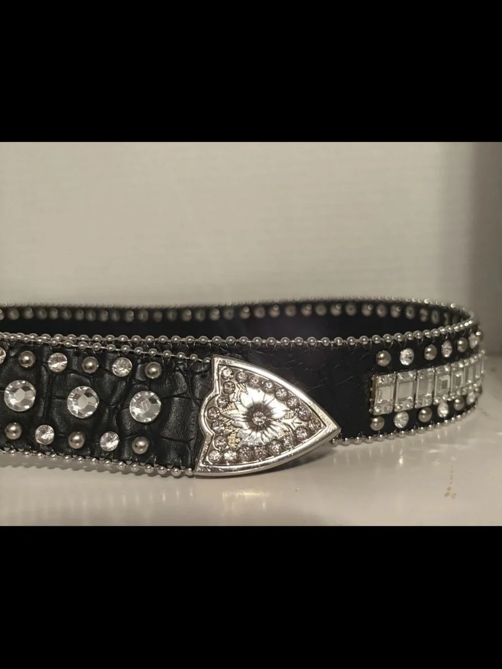 Black Leather W/Silver Finish Buckle Western Cowgirl Crystal Studded Belt Sz XI